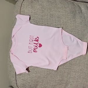 Pink Short sleeve "But first milk" onesie size 6 months